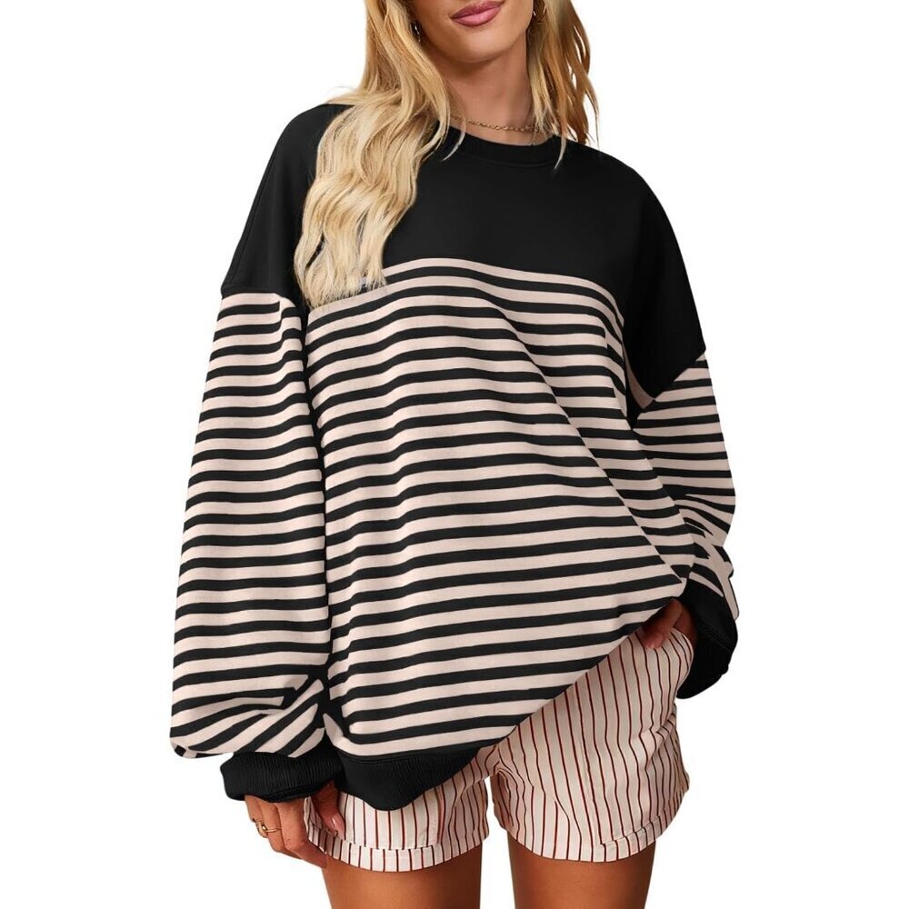 Womens Oversized Striped Sweatshirt Long Sleeve Crewneck Color Block Casual